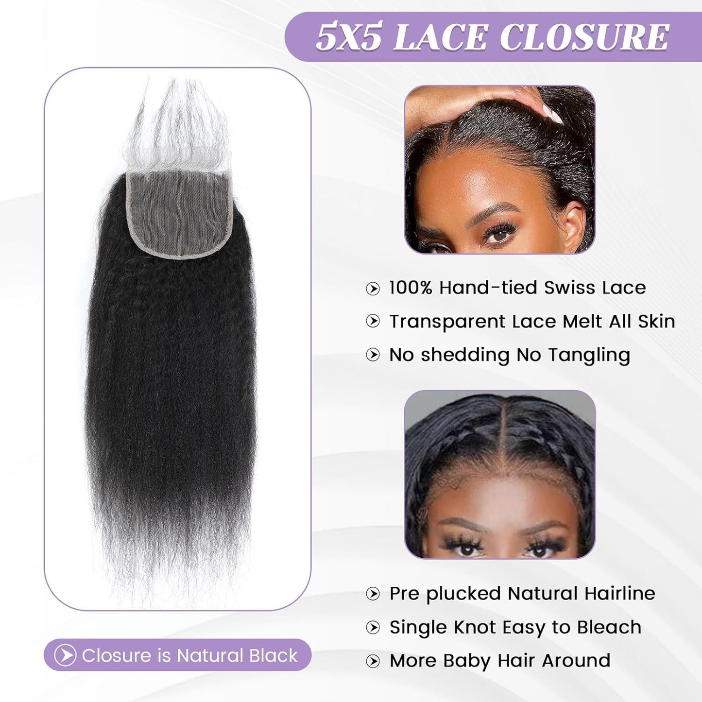 Kinky Straight Lace Closure - 5x5 HD Transparent Human Hair | Pre-Plucked Natural Black, 12 Inch