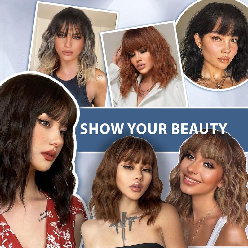 LOSMOEER Green Wig with Bangs Short Wavy Wigs for Women Shoulder Length Curly Bob Wigs Heat Resistant Synthetic Wigs for Halloween Cosplay Daily Party Use