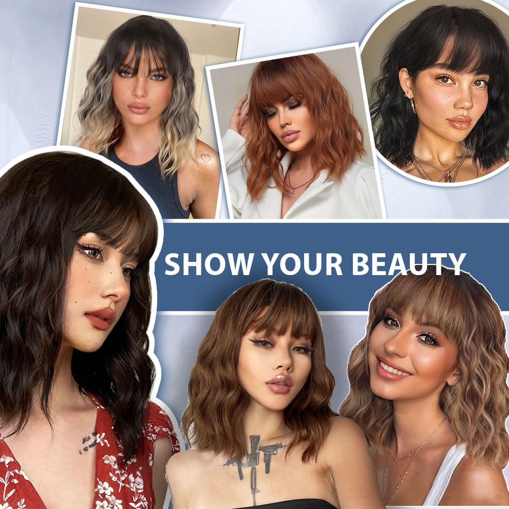 LOSMOEER Auburn Wig with Bangs Short Wavy Copper Red Wigs for Women Shoulder Length Curly Bob Wigs Heat Resistant Synthetic Wigs for Halloween Cosplay Daily Party Use