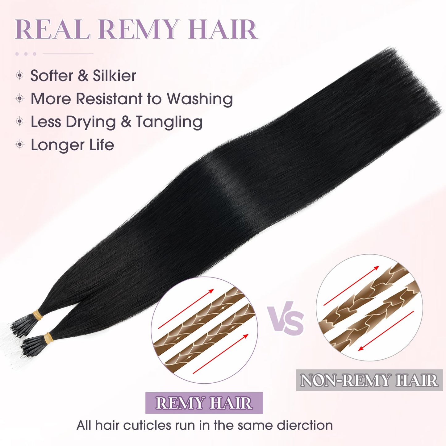 Elailite I Tip Hair Extensions Human Hair Elastic Itip Real Remy Hair Jet Black 22 Inch 50G 50Strands Straight Pre Bonded Keratin Fusion Human Hair Extensions
