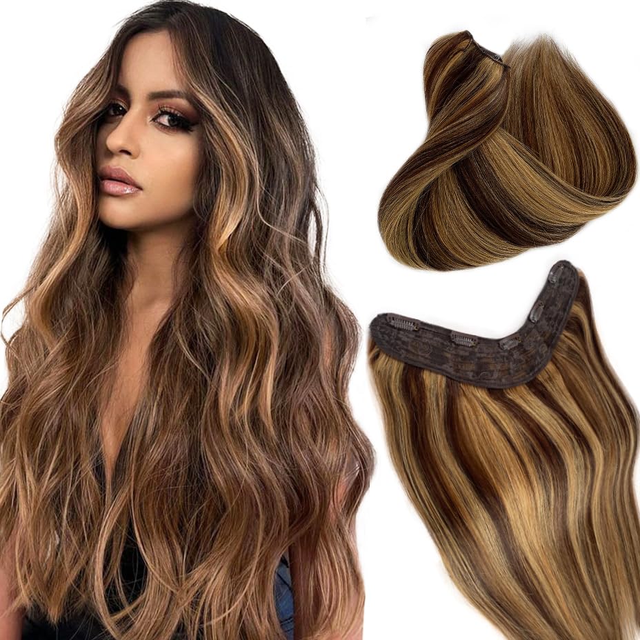 Human Hair Clip-In Extensions - Ombre Chocolate Brown to Caramel Blonde | 14" 70G V-Shape Balayage with 5 Secure Clips