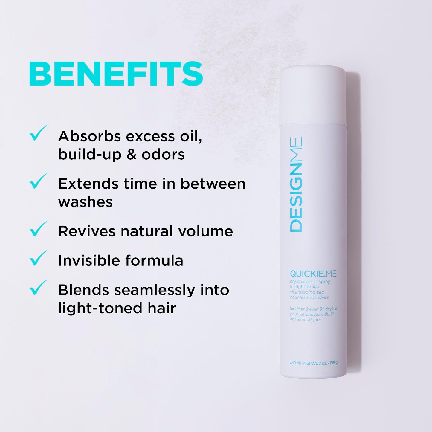 Design.Me QUICKIE.ME Dry Shampoo for Light Tones | Instantly Refreshes, Absorbs Oils | Root-Lifting Formula with Rice Starch | Residue-Free Waterless Spray for Blonde, Platinum, & Grey Hair