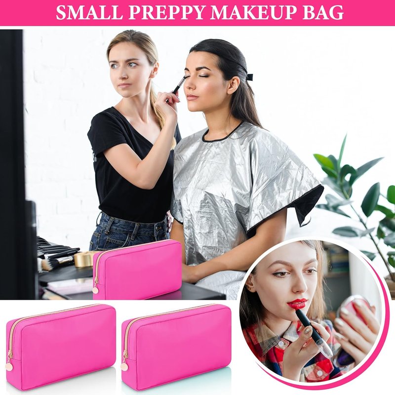 Hushee Nylon Makeup Bag Set - 4 Pcs Waterproof Travel Organizer | Small Hot Pink Zipper Pouch