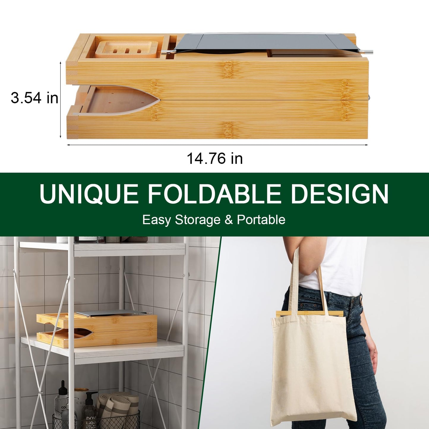 Bamboo Bathtub Caddy Tray Expandable for Luxury Bath, Bath Accessories & Table with Wine Glass Holder, Book Stand Bathroom Organizer with Extending Sides for Men/Women,Black