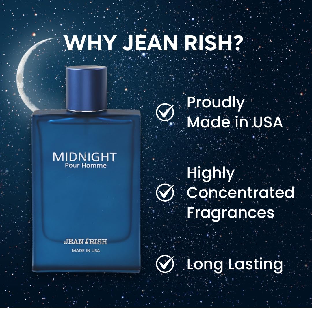 Jean Rish Midnight Pour Homme Perfume - Long-Lasting Men's Eau De Toilette | Bergamot, Lavender, Patchouli, Amber, Musk - 100ml / 3.4 oz