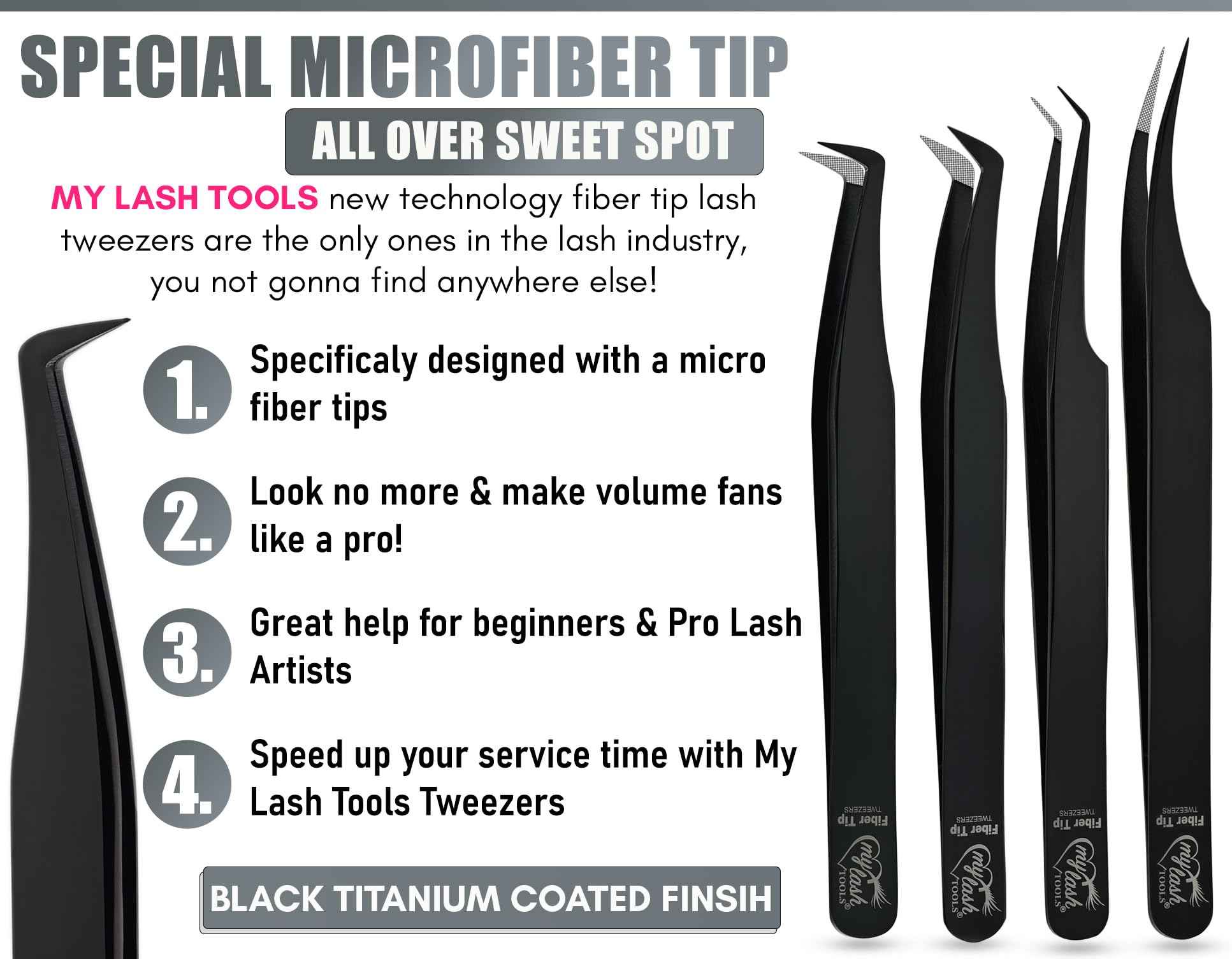 My Lash Tools Fiber Tip Lash Tweezers for Lash Extensions Precision Boot Volume Eyelash Extensions Tweezers Japanese Steel Curved Isolation Tweezer Set Fiber grip tweezers pinzas para (5pcs, Black)