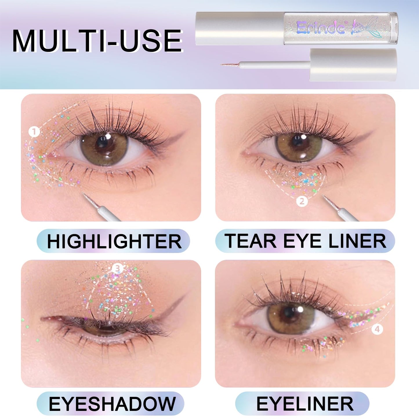 Erinde Liquid Glitter Eyeshadow Eyeliner, Korean Makeup Bling Under Eye Shadow, Shimmer Metallic, Lightweight Waterproof Long Wearing, Loose Glue for Sparkly Crystals Eye Makeup, Colorful Sequins