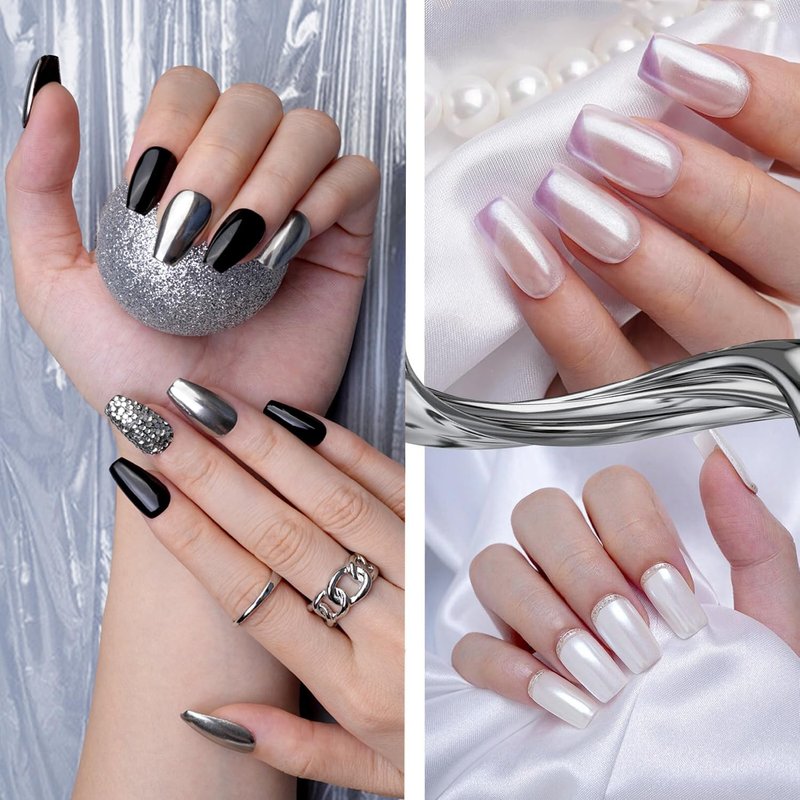 Chrome Nail Powder Set - 4 Jars Metallic Mirror Effect Pigments | Gold, Silver, Black & White Pearl