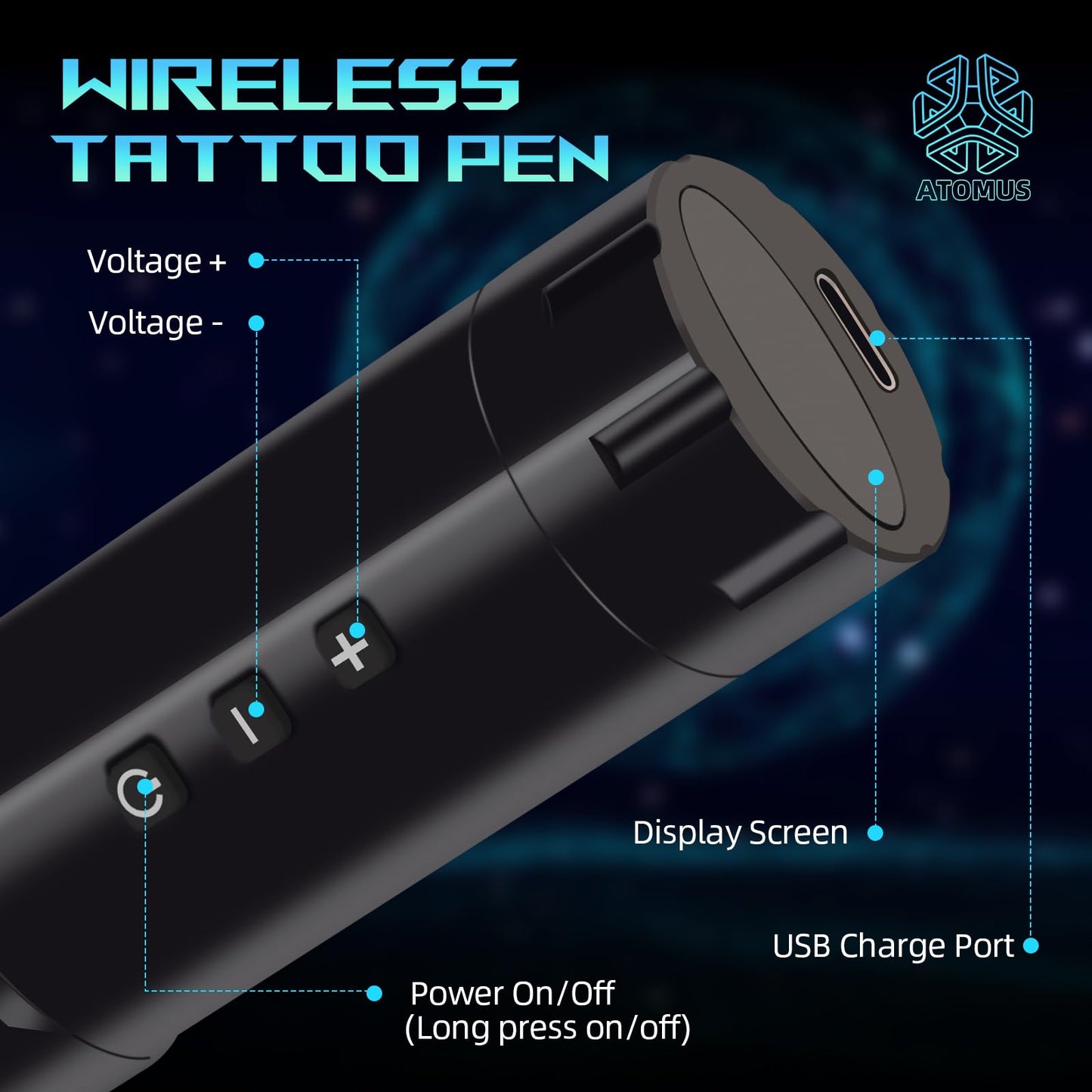 ATOMUS Cordless Tattoo Pen Machine Kit, 2000mah Rechargeable Pen Style Tattoo Cartridge Machine with Digital OLED Display 40pcs Tattoo Cartridge Needles 60pcs Ink Cups 6pcs Tattoo Dip Foam Cup