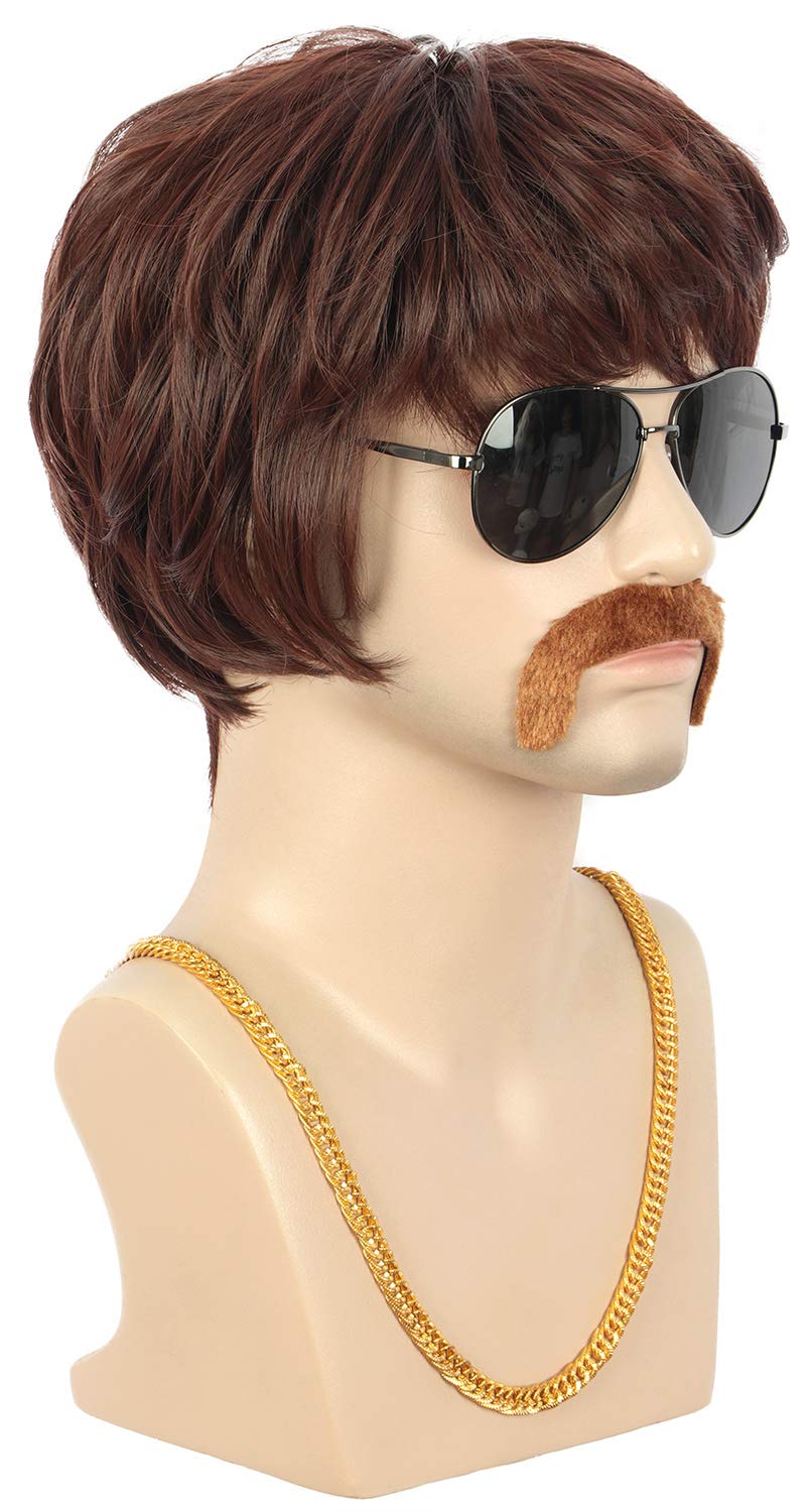karlery Adult Men Short Straight Brown California 70s 80s Rocker Moustache Disco Wig with Necklace Halloween Costume Cosplay Anime Wig
