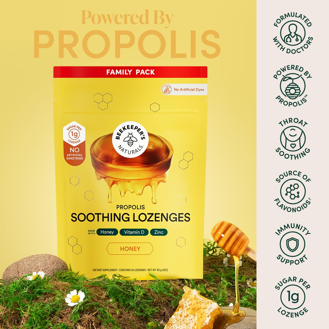Beekeeper's Naturals Soothing Honey Cough Drops - Immune Support with Vitamin D, Zinc and Propolis Throat Soothing Lozenges, 24 Ct