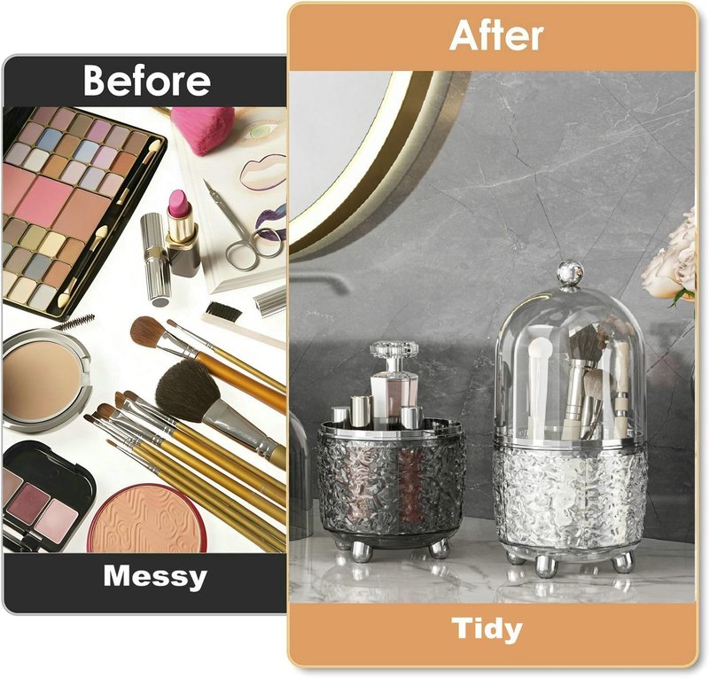 360 Rotating Makeup Brush Holder - Dustproof Spinning Organizer for Bathroom Countertop | Gray