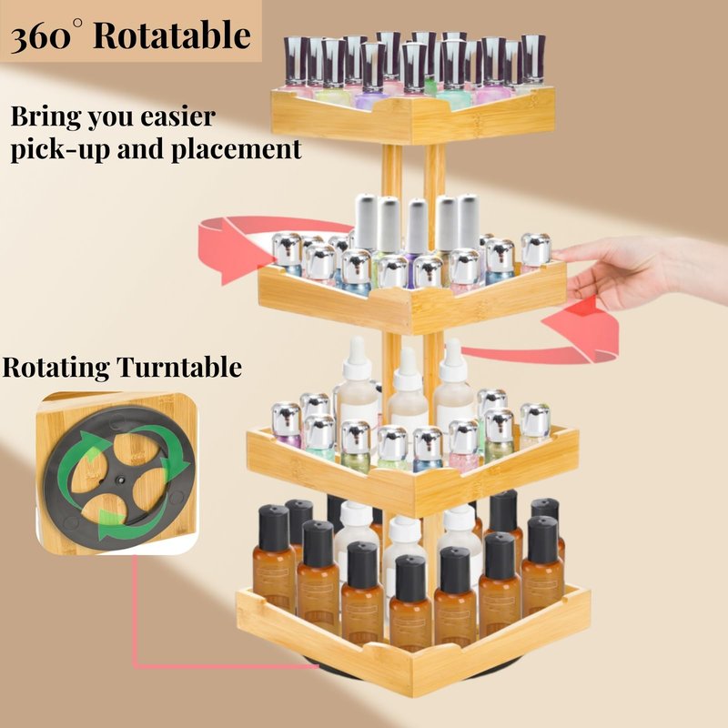 ZAVOOS Nail Polish Organizer, 4 Tier Bamboo Stand Essential Oil Display Rack for 120-212 Bottles, 360 Rotating Large Capacity Cosmetics Storage Shelf Holder for Home Spa, Business Salon