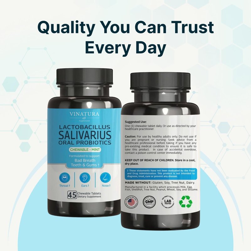 VINATURA Lactobacillus Salivarius Oral Probiotics - Mouth Bad Breath Treatment for Adults, Dental probiotics for Teeth and Gums, Throat, Ear, Nose - 45 Chewable Mint Tablets