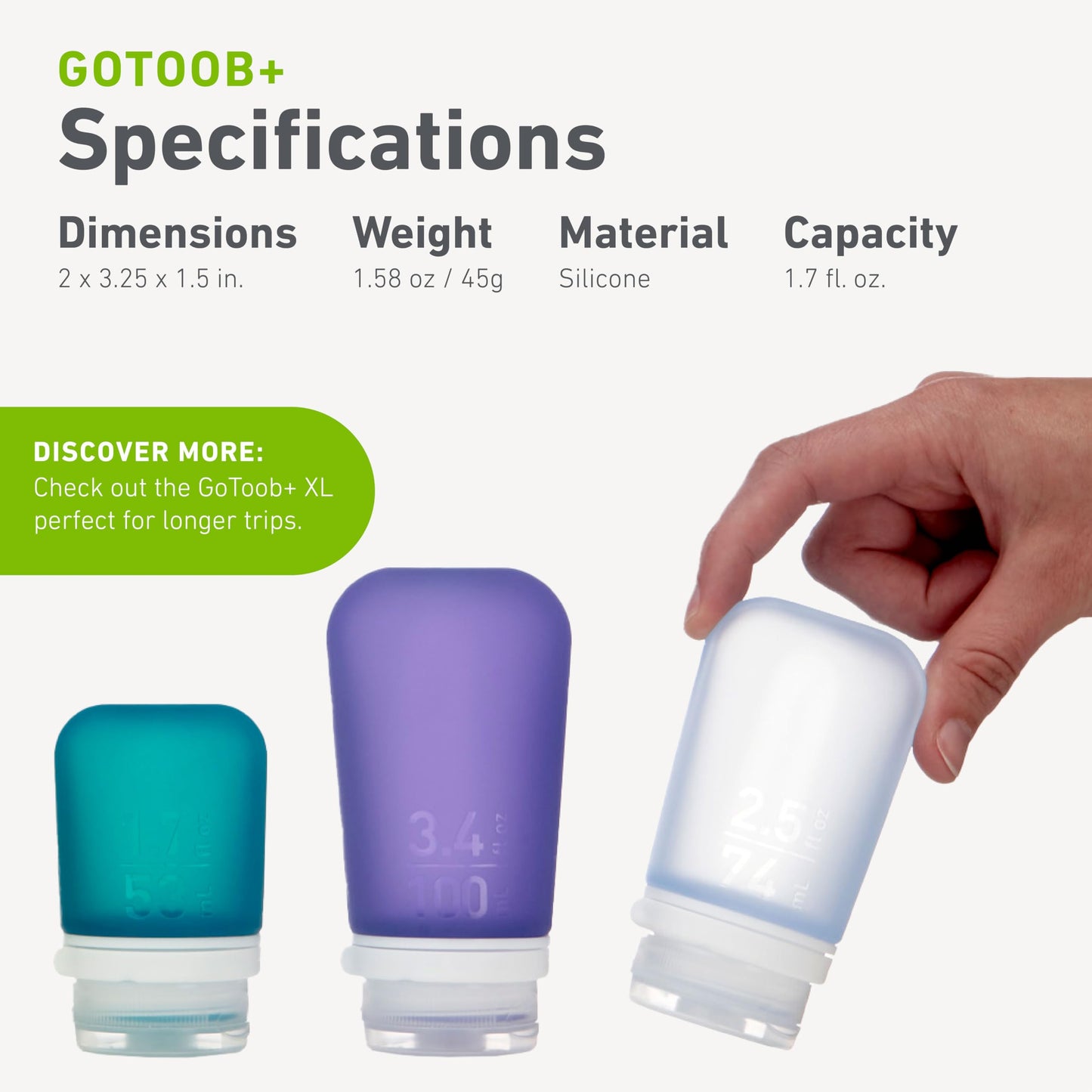 humangear GoToob+ Bottles - Silicone Leak-Proof Travel Tubes for Toiletries, Camping & TSA Carry-On (3-Pack), Small (1.7 fl oz; 53ml), Clear/Green/Blue