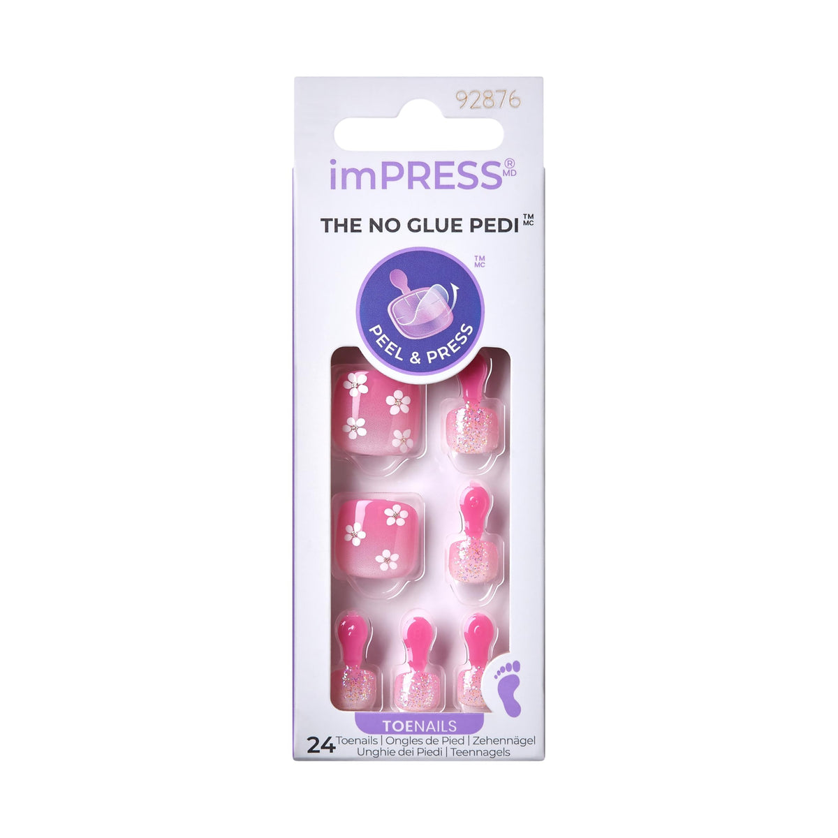 KISS Impress No Glue Pedi 30 Pcs Press on Toenails, Pink Stick on Extension False Nails for Toes, Peel & Press Easy Apply, Hassle-Free Removal, Includes Manicure Stick, Prep Pad & File