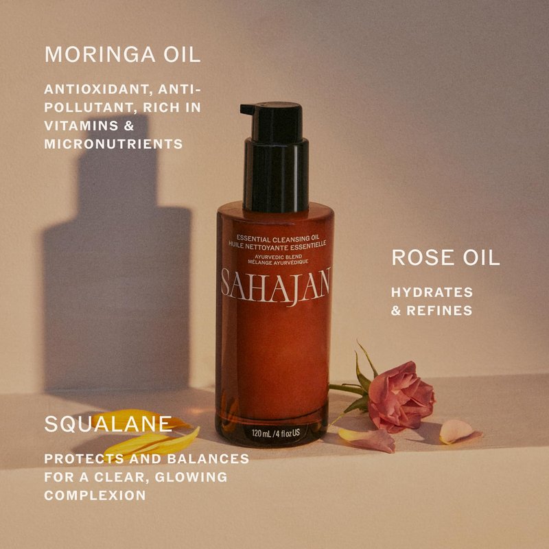 Sahajan Essential Cleansing Oil, Ayurvedic Makeup Remover and Oil Cleanser for Face, Gently Removes Waterproof Makeup and SPF, Squalane, Moringa, All Skin Types, Double Cleanse, 4 oz