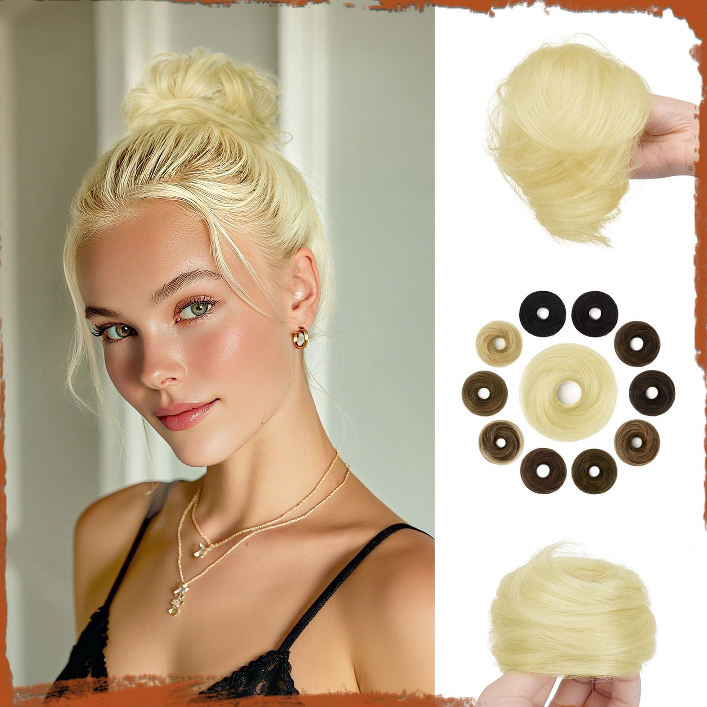 SOFEIYAN Human Hair Bun 100% Real Human Hair 16g Messy Bun Natural Tousled Stretchy Fluffy Donut Updo Elegant Chignon with Elastic Rubber Band Fake Bun Hair Piece for Women - Brown Mixed Light Blonde