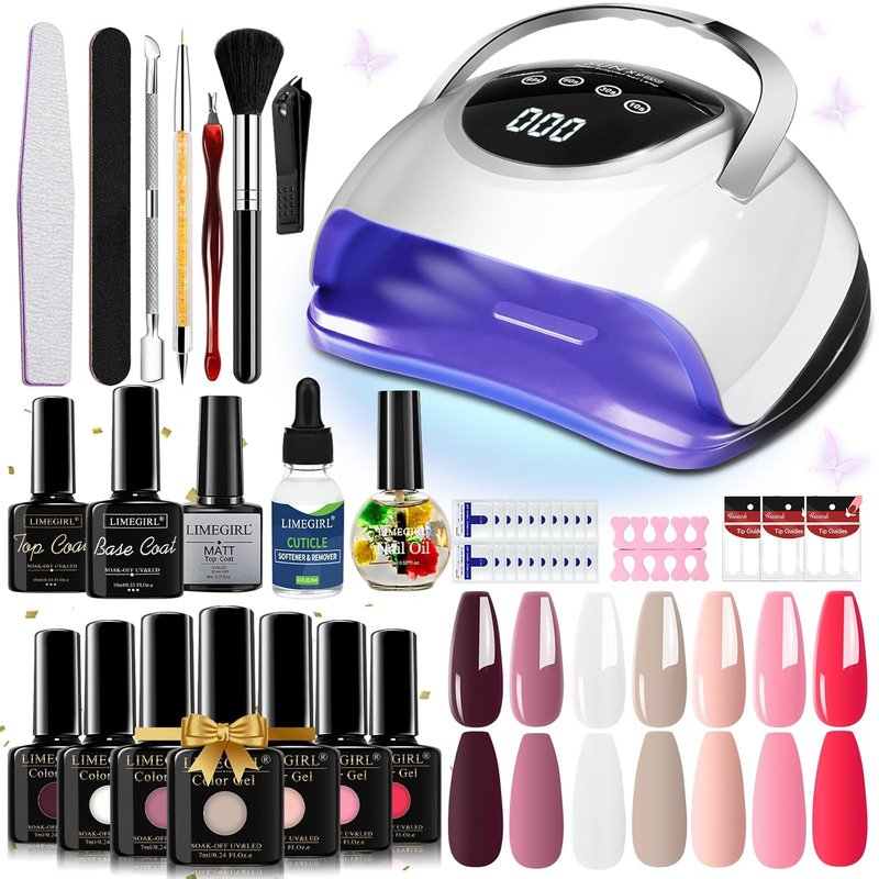 LimeGirl Gel Nail Polish Kit - 23PCS Salon-Grade UV Light Set | 7 Colors Including Classic French White & Mauve Grey