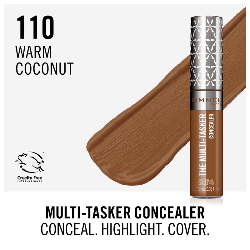 Rimmel London, Multi-Tasker Concealer, 110 Warm Coconut, Crease-Proof, Transfer-Proof, Waterproof, Up To 24-Hour Wear, Vegan Formula, 0.33oz (Pack of 2)