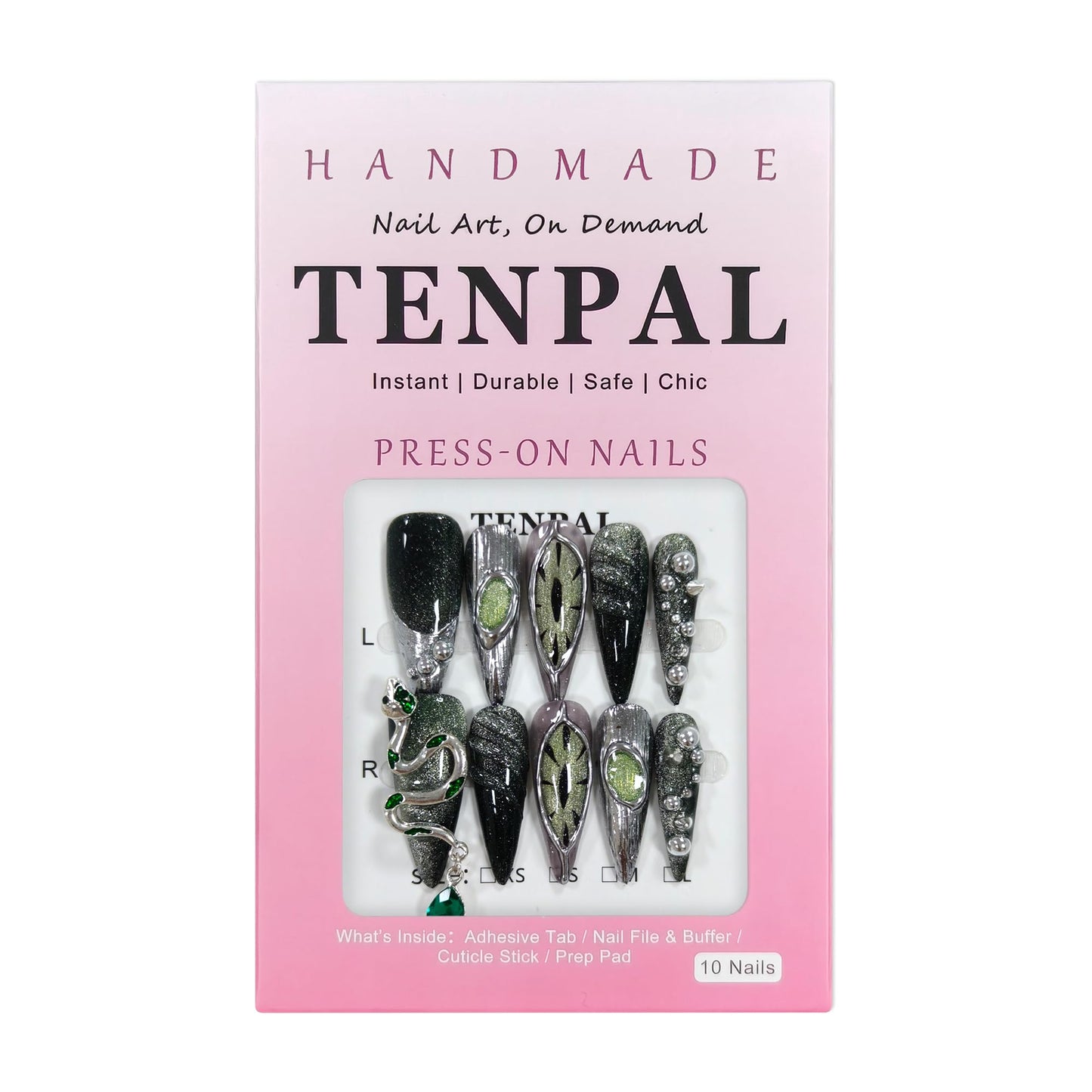 TENPAL Long Stiletto Press on Nails,Gothic Punk Green Cat Eye Nails Glow & 3D Snake with Gem,Black Silver Metallic Fake Nails Kits,10pcs Soft Gel False Nails with Steel Bead for Party Gifts(S)