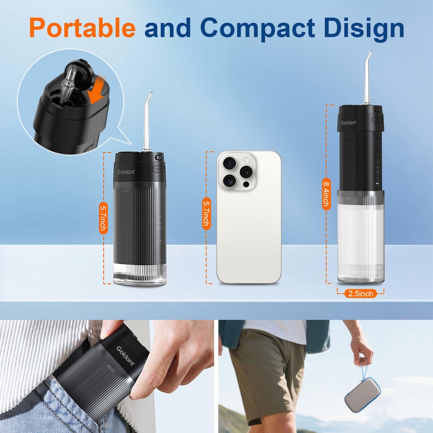 GOLDANT 2026 New Portable Water Flosser for Teeth, 4 Modes & 4 Intensity Levels, Mini Small Design with Exquisite Travel Case, Removable Tank, IPX7 Waterproof, Cordless Dental Oral Irrigator (Black)
