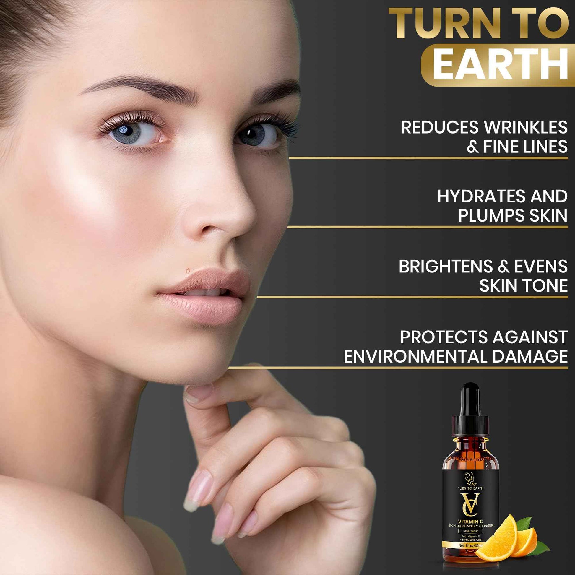 TURN TO EARTH Vitamin C Facial Serum with Vitamin E, Hyaluronic Acid, and Aloe Vera, for Skin Brightening, Dark Spot Reducing, Evening Skin Tone Formula in a 1 fl oz Glass Bottle