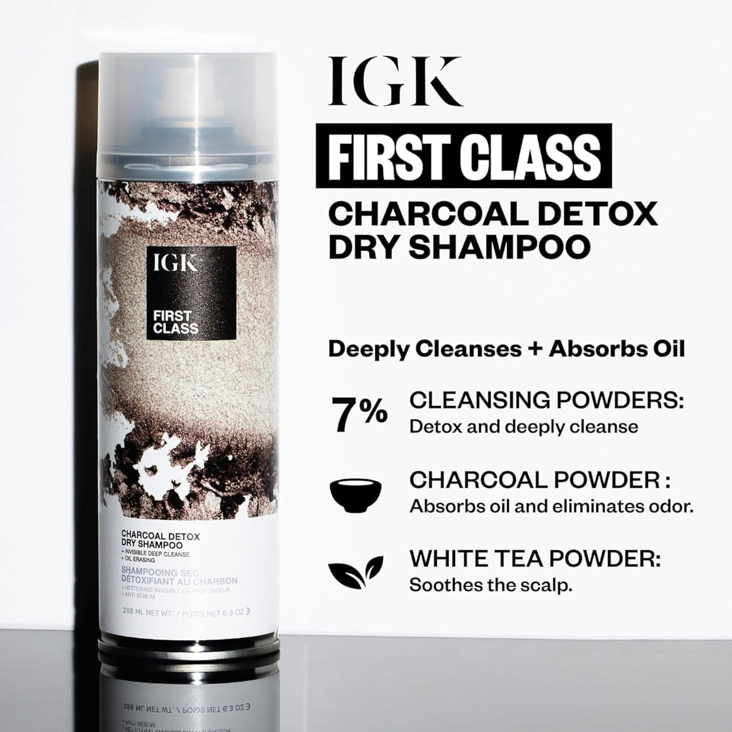 IGK First Class Charcoal Detox Dry Shampoo - Oil Absorbing & Volumizing Spray for Brunette/Blonde Hair | 6.3 oz