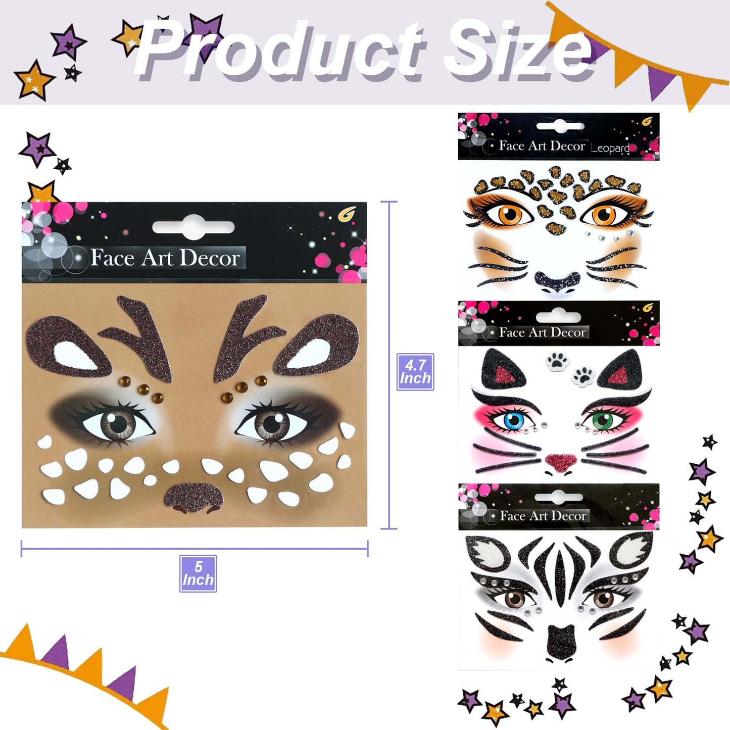 Halloween Face Tattoos Stickers - Leopard, Cat, Elk, Zebras Temporary Tattoo Sticker Halloween Face Gem Self-Adhesive Sticker for Festival Holiday Party Cosplay Decoration 4 Pcs
