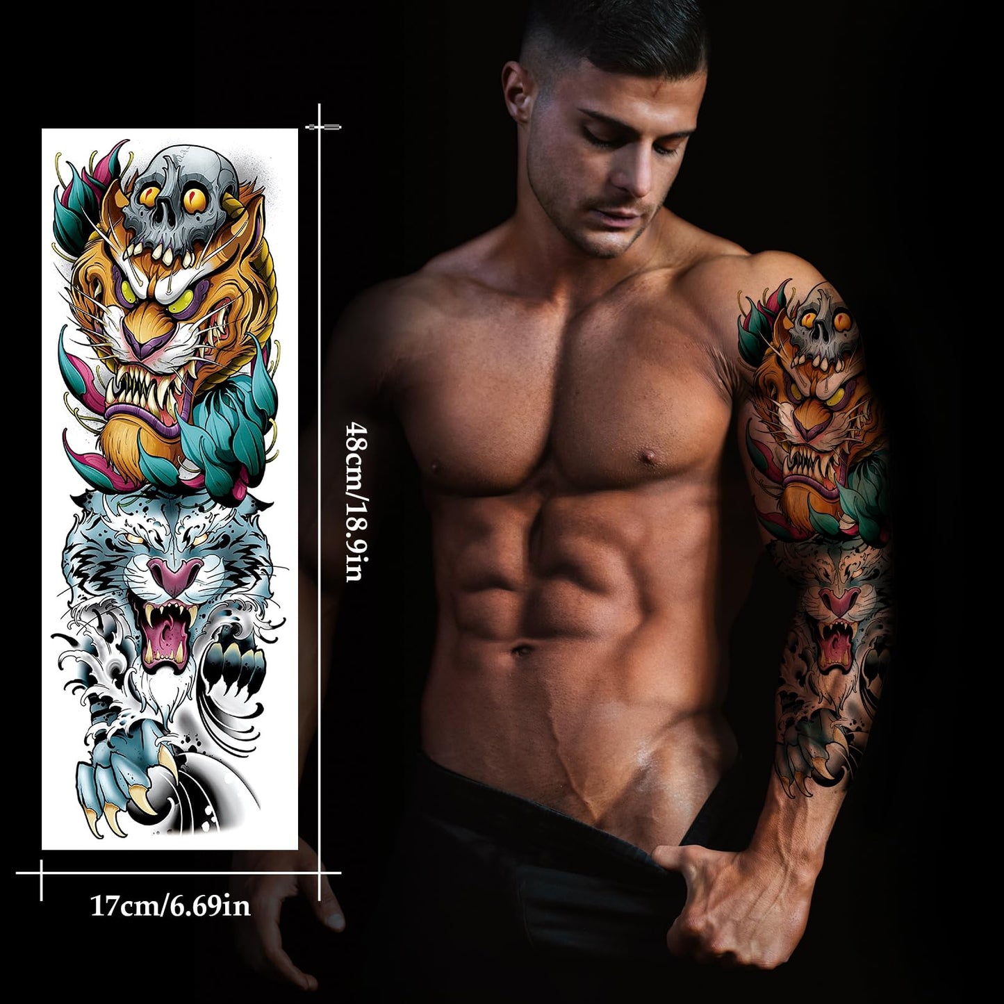 12 Sheets Full Arm Temporary Tattoos Adults, Waterproof Japanese Tiger Samurai Skull Sleeve Tattoos, KOI Dragon Lotus Fake Tattoo Kits for Cosplay BBQ Pool Beach Party