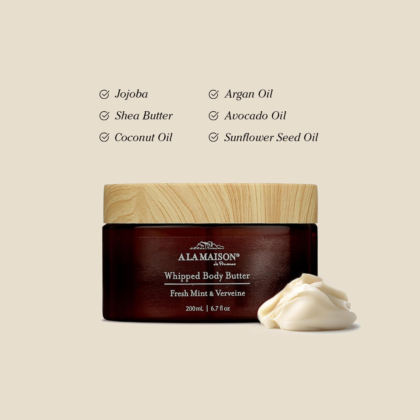 A LA MAISON Whipped Body Butter – Fresh Mint & Verveine – Shea Butter Moisturizer with Argan, Avocado & Jojoba Oils – Ultra-Rich Body Cream for Dry Skin – 6.7 oz – Amber Collection