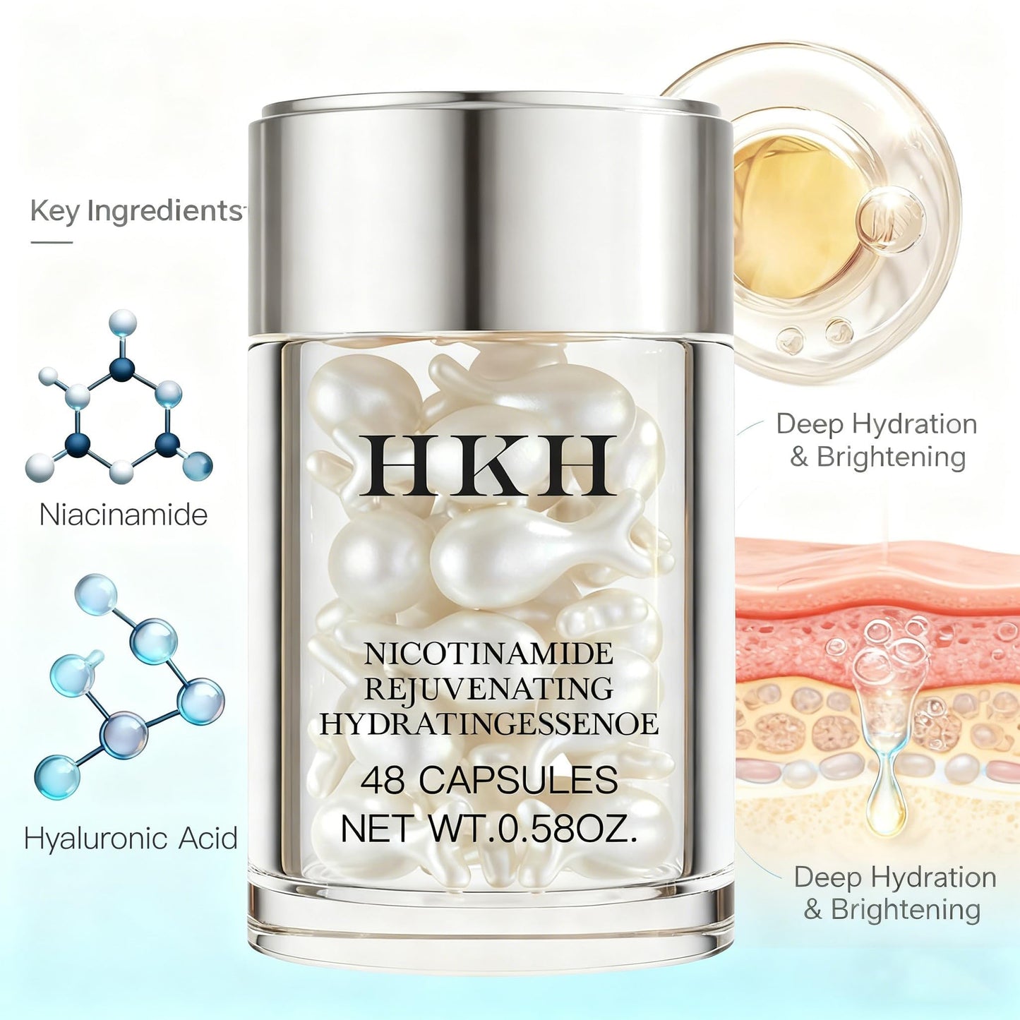 HKH Niacinamide Serum Capsules for Face - Anti Aging Dark Spot Remover Hydrating with Hyaluronic Acid Smoothing & Firming & Fine lines - Travel Friendly (48 ct) (Niacinamide 48pcs)