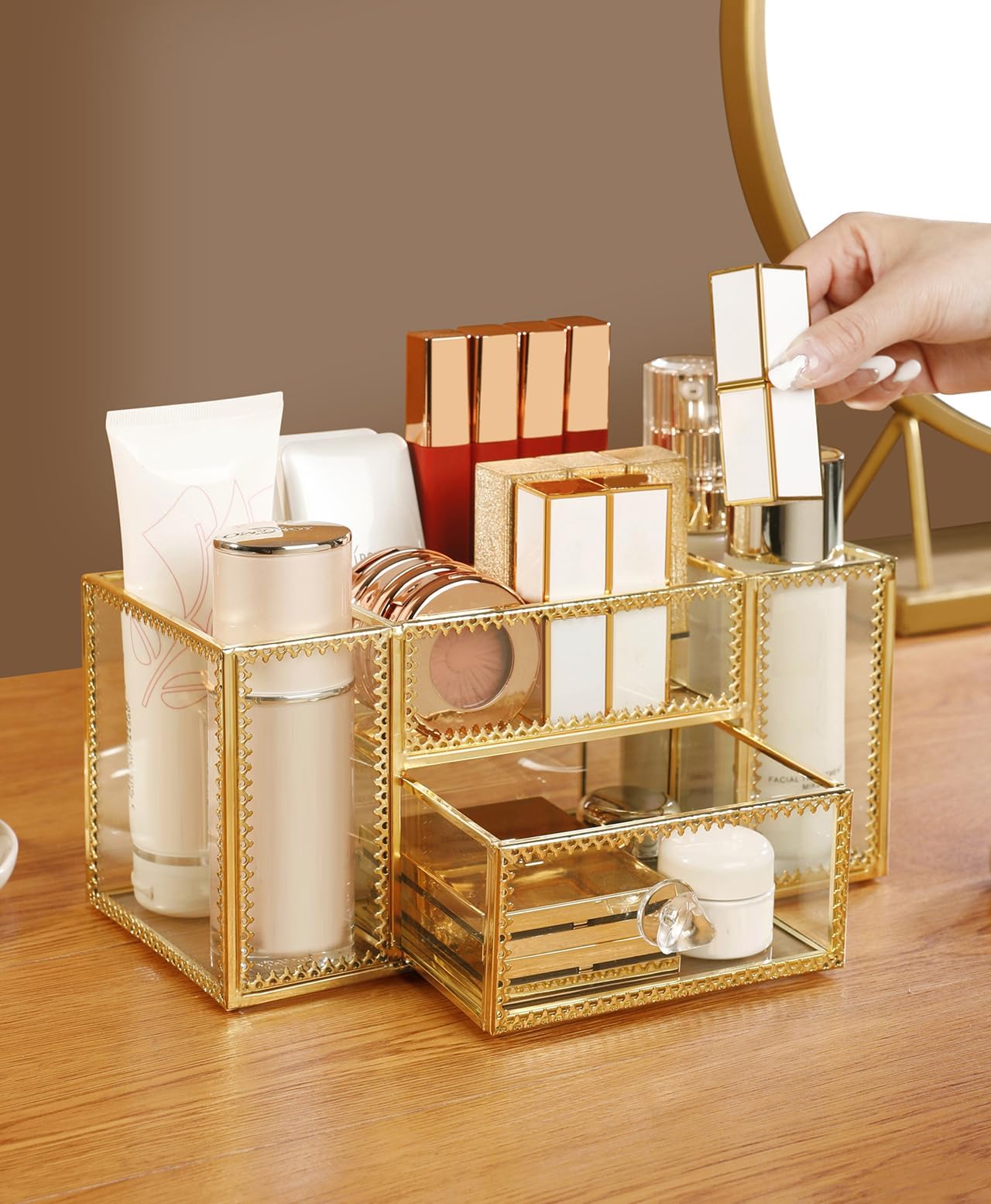 FSyueyun Vanity Clear Glass Makeup Organizer, Gold Makeup Brush Holder Cosmetic Storage Display Case for Skincare Perfume Dresser Countertop