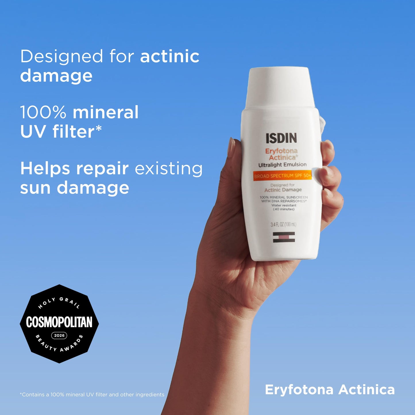 ISDIN Eryfotona Actinica SPF 50+, Mineral Sunscreen for Face with Zinc Oxide, Anti-Aging Sunscreen, No White Cast, Dermatologist Recommended, 3.4 Fl Oz