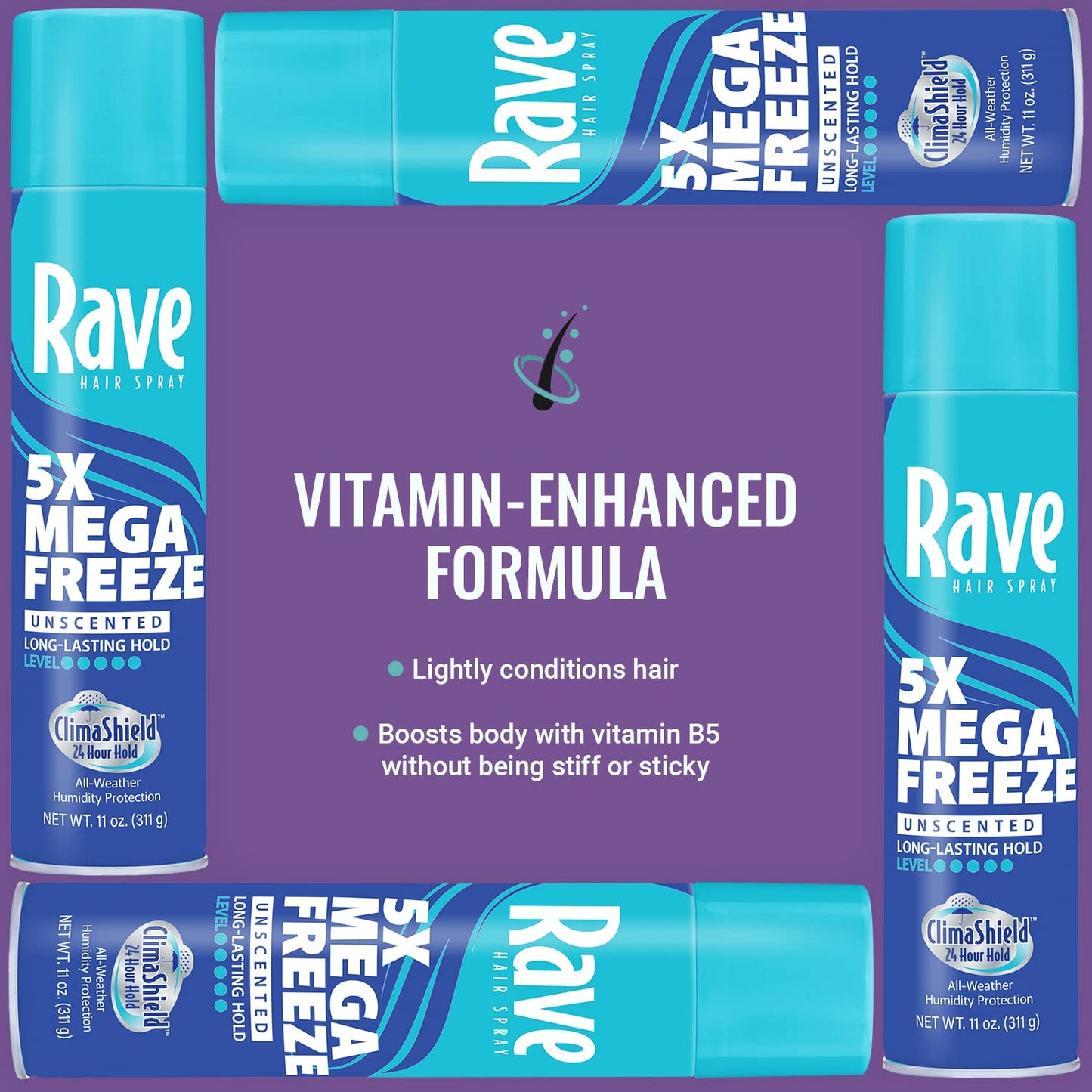 Unscented Aerosol Hairspray by Rave - 5X Freeze Hair Spray for Heat Protection, Volume and Shine - ClimaShield for Extra Humidity and Long Lasting Firm Hold - Minimizes Frizz and Static