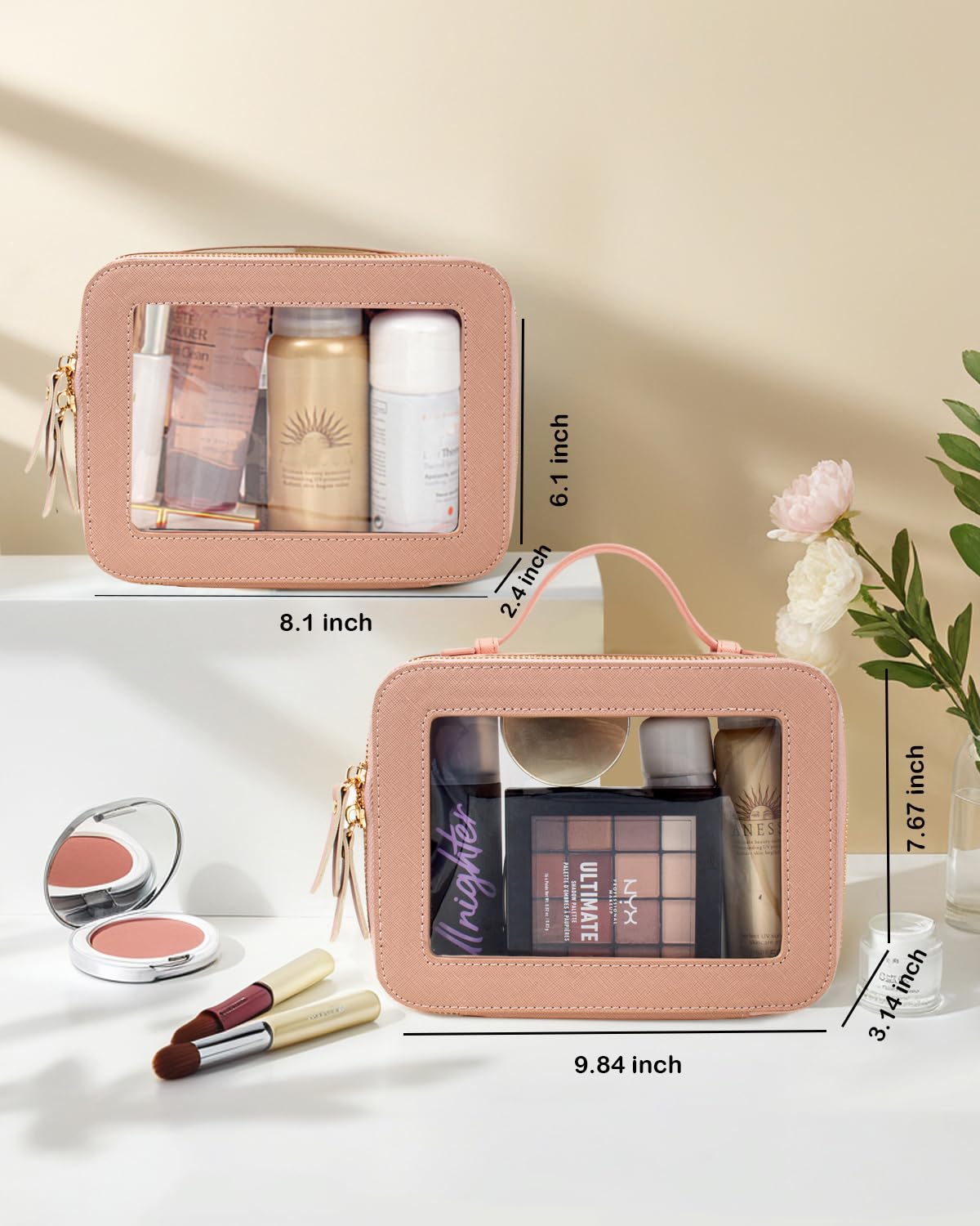 Clear Makeup Bag Set for Women, Transparent Travel Cosmetic Case Portable Skincare Toiletry Bag with Zipper Waterproof Makeup Pouch Car Organizers Car Accessories for Essentials (Dual Dark Pink)