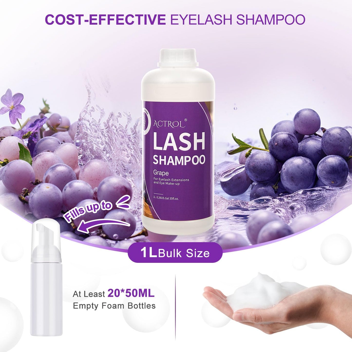 ACTROL Eyelash Extension Cleanser Grape 1L Natural Lash Extension Shampoo Professional Eyelid Foaming Cleanser Paraben & Sulfate Free Non-lrritating with Salon and Home Care