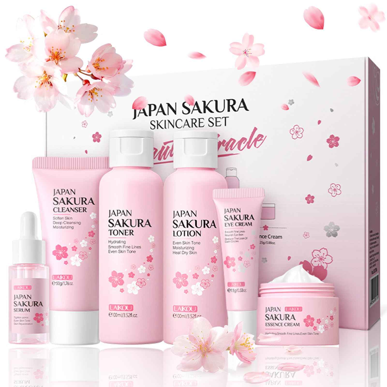 6 Pcs Skin Care Sets JAPAN SAKURA Women Beauty Gift Sets Sakura Skin Care Kit with Cleanser, Toner, Serum, Eye Cream, Lotion, Essence Cream Travel Kit for Women Teen Girls