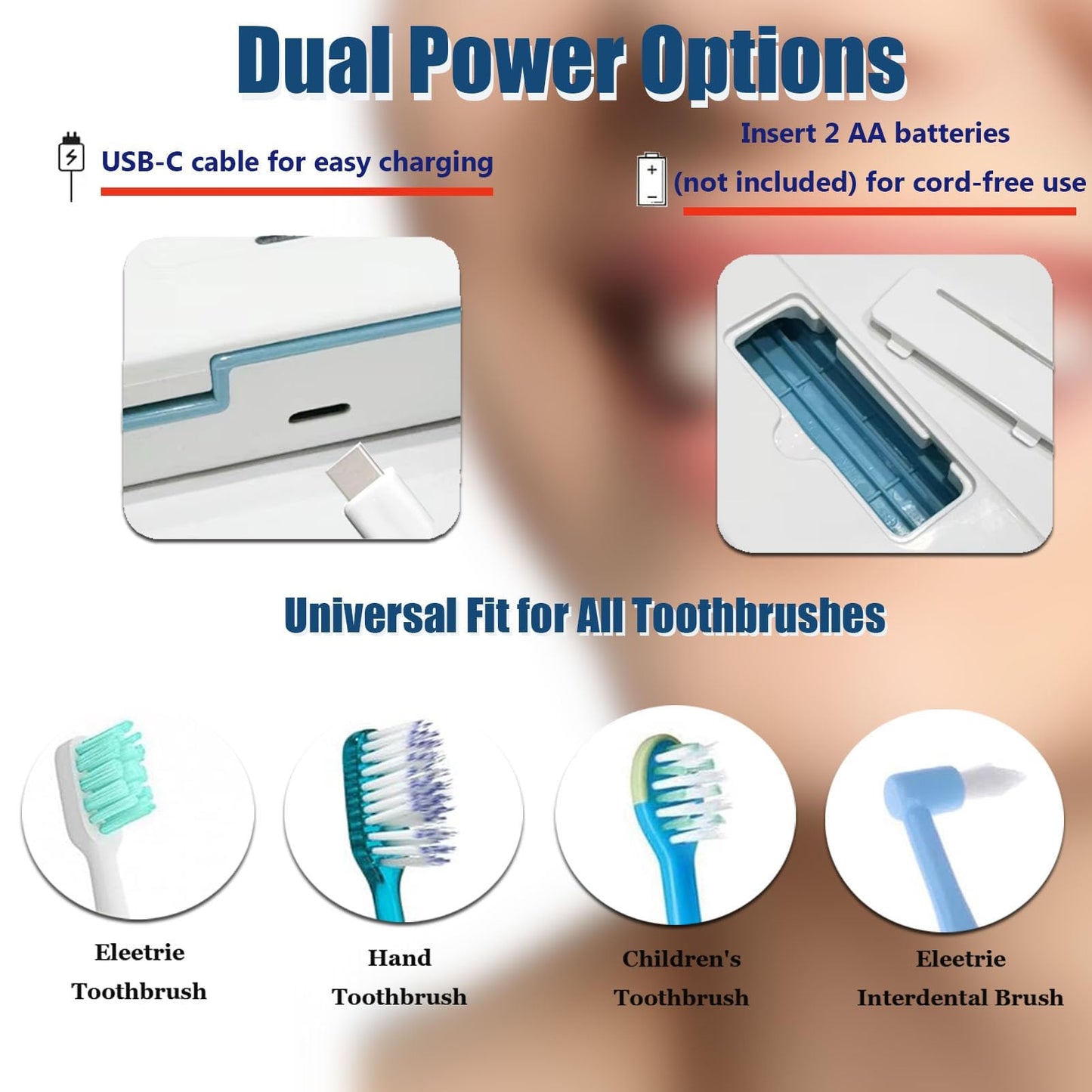 UWTLFCE UV-C Toothbrush Case for Travel, Portable Toothbrush Case with Holder, USB-C or AA Battery Powered, Plastic Tooth Brush Container Cover for Household STB-062 Blue