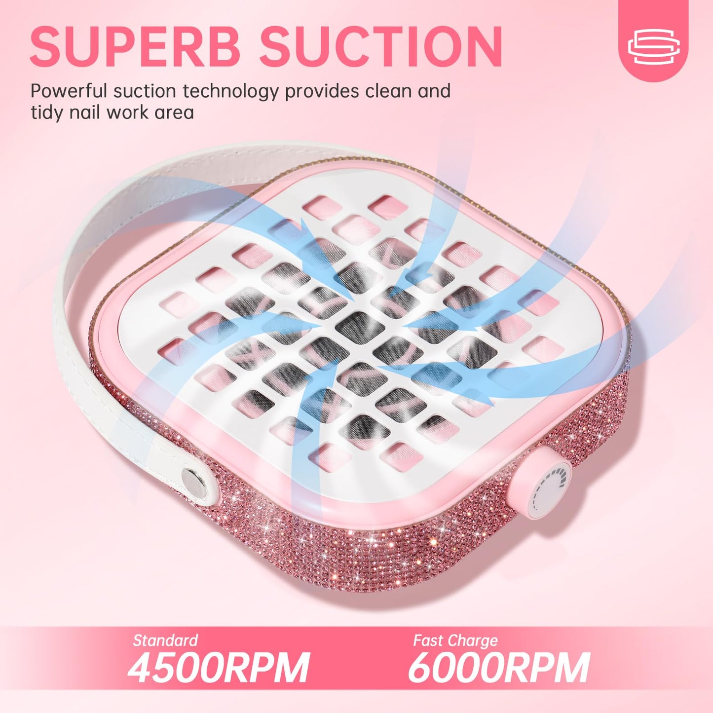 CHRISTINE SHELLY Nail Dust Collector, Bling Crystal Diamond Compact 6000RPM Powerful Vacuum Fan Vent Dust Collector Extractor Dust Suction Machine for Acrylic Nails Polishing, Fast Charging