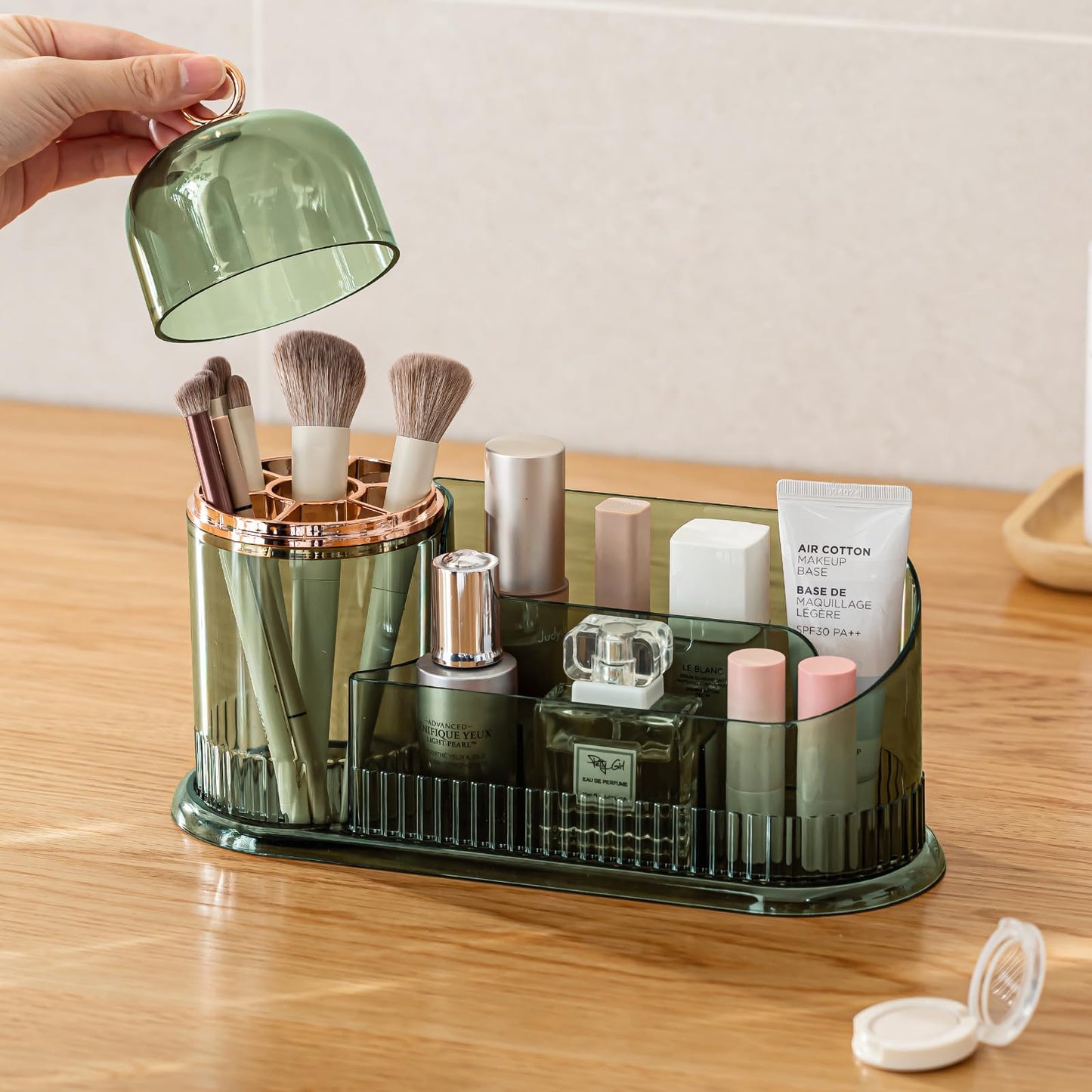 CANITORON Makeup Organizer for Vanity, Skincare Organizer With Brush Holder, Partitioned Storage Cosmetic Display Cases for Bedroom Countertop and Bathroom Storage - CB-Green