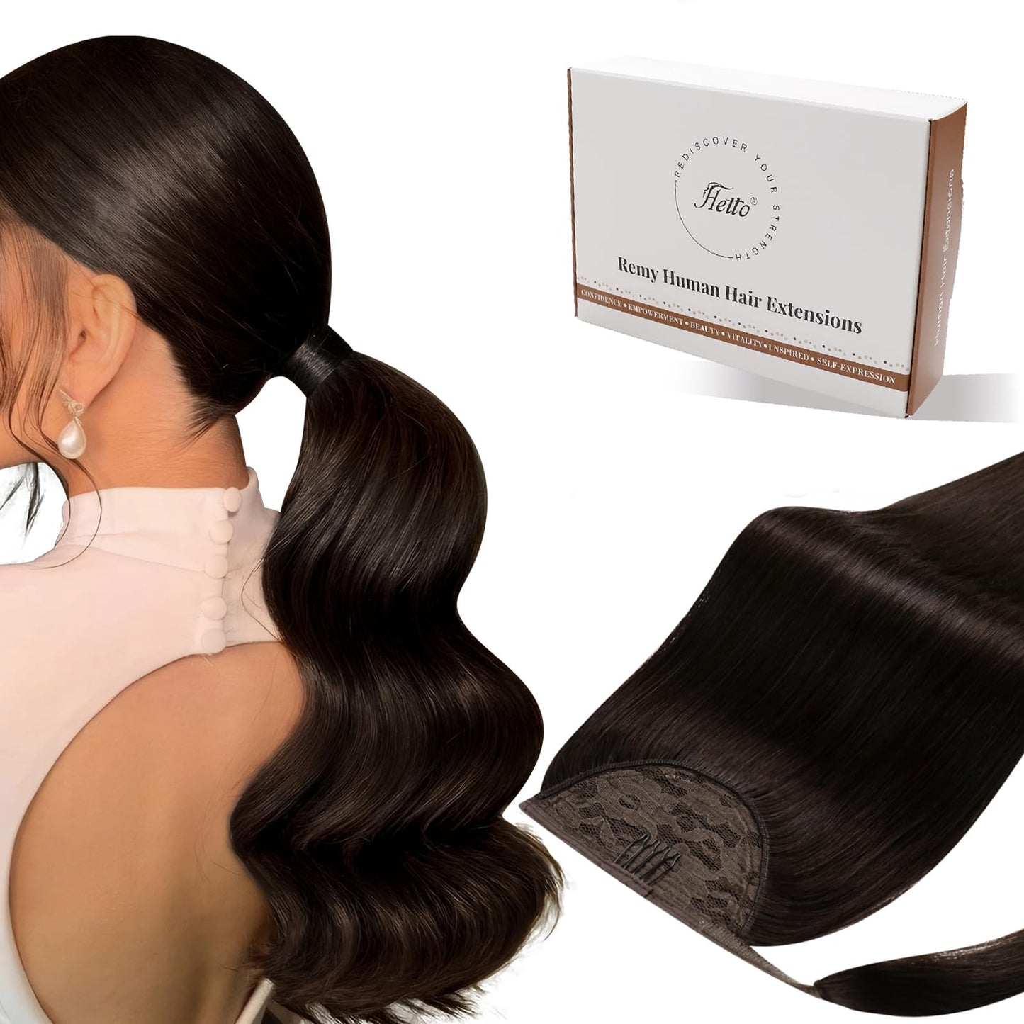 Hetto Ponytail Extension Human Hair Darkest Brown 12Inch 70g