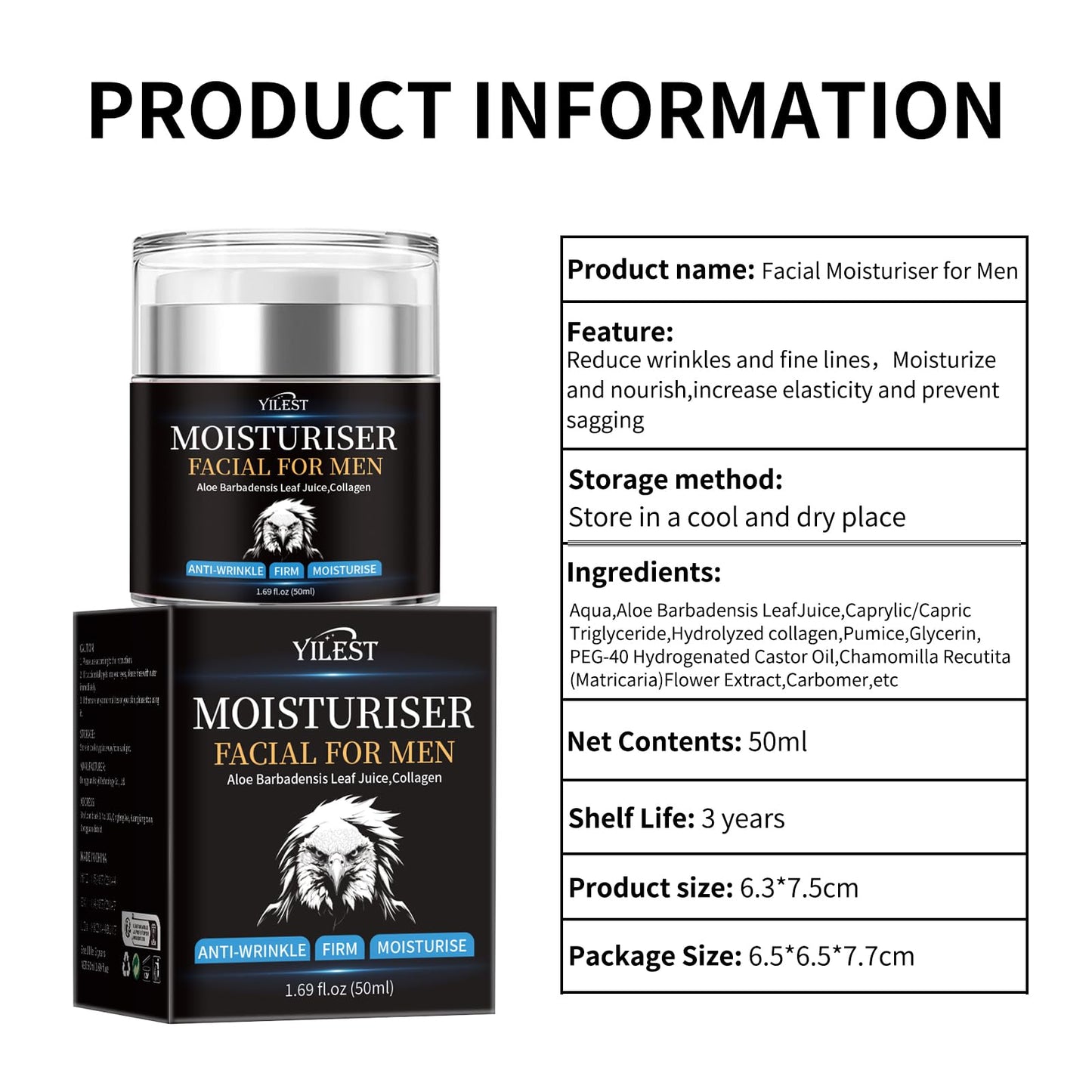 YILEST Men's Anti-Wrinkle Firming Face Moisturizer, Lightweight Daily Hydrating Cream with Aloe & Collagen, Reduces Fine Lines, Nourishes All Skin Types, 1.69 Fl Oz