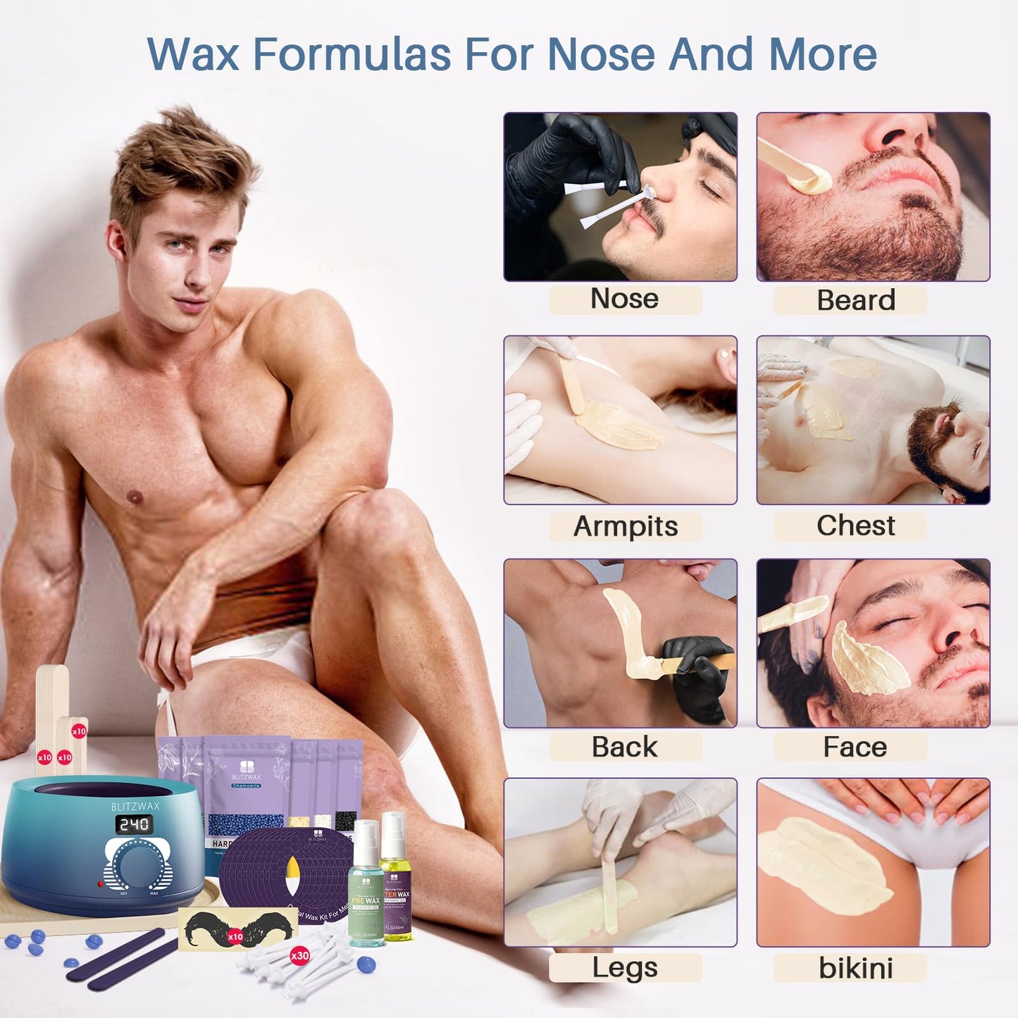 BLITZWAX Back and Nose Waxing Kit for Men, Hard Wax Warmer for Brazilian, Body and Face, At Home Hair Removal Kit, Beginner Friendly, Quick Heating, 93 Accessories, Blue Waves