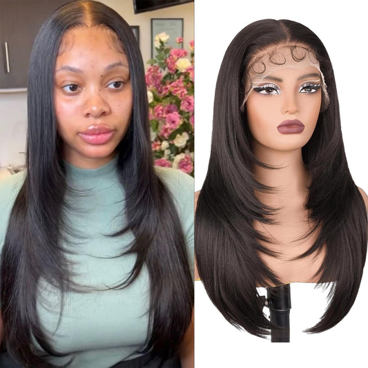 Marshey Synthetic Lace Front Wig Long Straight Black Wigs for Black Women Wear and Go Glueless Wigs as Human Hair Pre Plucked Pre Cut 13x6 Lace Front Wigs (Natural Black, 24 Inch)