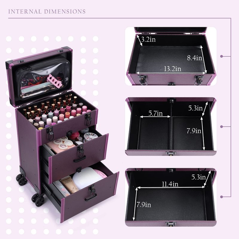 FRENESSA Rolling Nail Case Wheeled Manicure Storage Case Polish Organizer Professional Makeup Trolley for Studio or Travelling Nail Technician Artists Cosmetologist Stylist - Vegan Leather