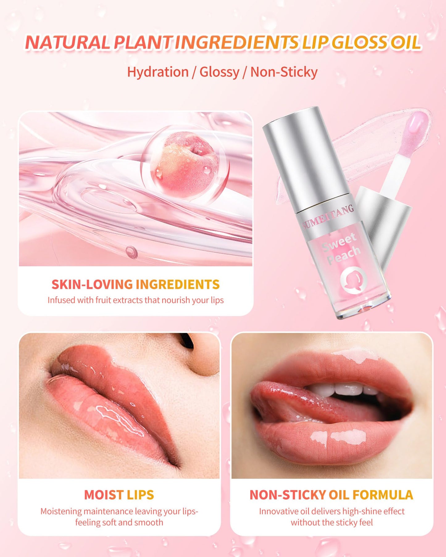 SUMEITANG 3Pcs Hydrating Lip Oil Set，Non-sticky Lip Oils Gloss Lip Balm Lip Care，Deeply Nourishing and Repairing Prevents Lips Chapped and Lighten Lip Lines(Honey，Peach，Strawberry)