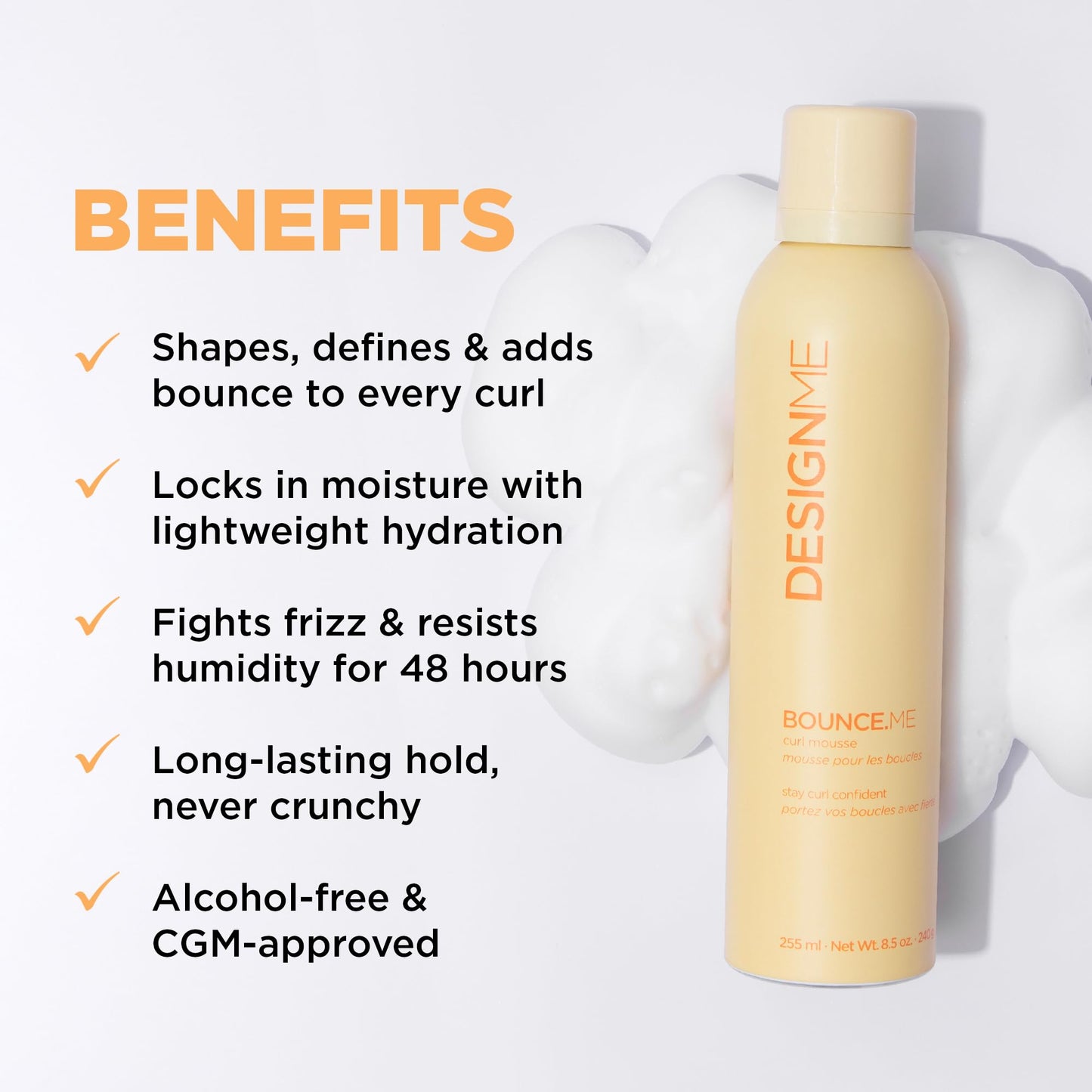Design.Me BOUNCE.ME Curl Mousse | Lightweight Curl Defining Mousse for Wavy & Curly Hair | Frizz Control, Humidity Resistant, Alcohol-Free Mousse for Hair Styling | CGM Approved
