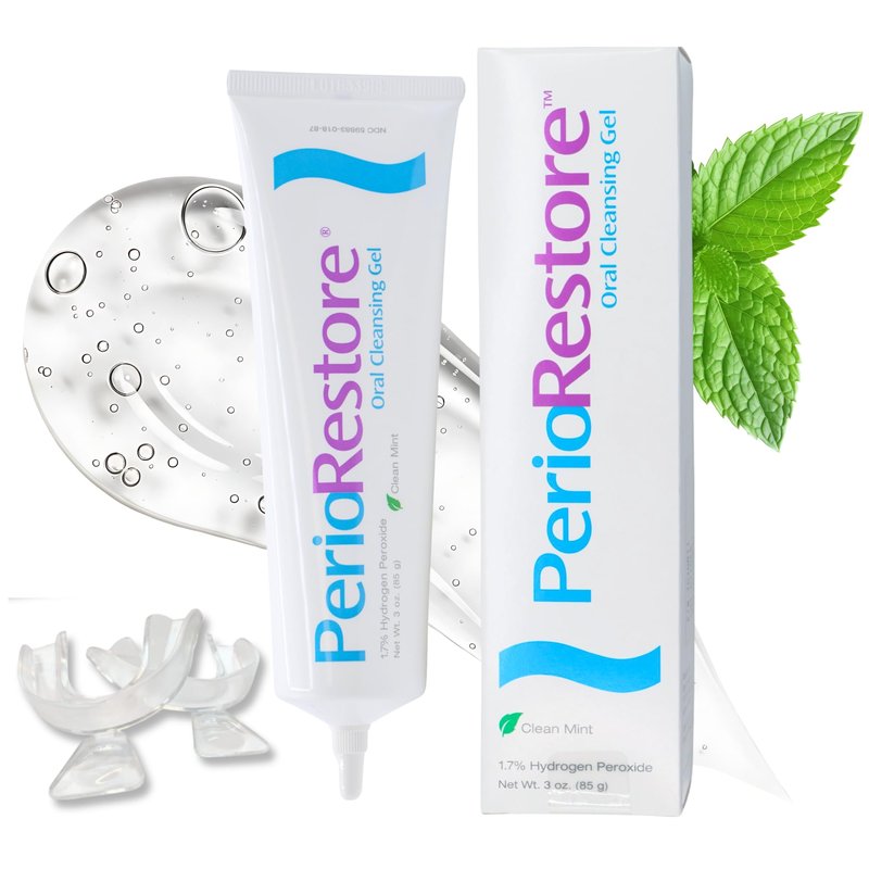 Perio Restore® Gel 3oz – 1.7% Hydrogen Peroxide Teeth Whitening & Oral Care Gel, Mint Flavor, Includes 2 Trays for Easy At-Home Application
