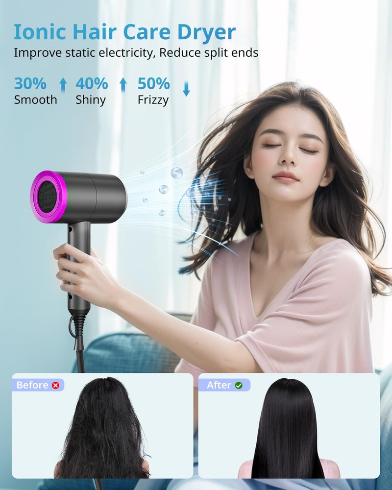 SHRATE Lightweight Ionic Hair Dryer with Diffuser - Powerful 1800W Blow Dryer for Fast Drying - Professional Low Noise Mini Hair Dryer for Travel, Gifts, Hair Styling (Grey)